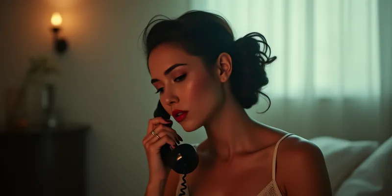 Sensual woman whispering into a vintage telephone, soft lighting, intimate setting