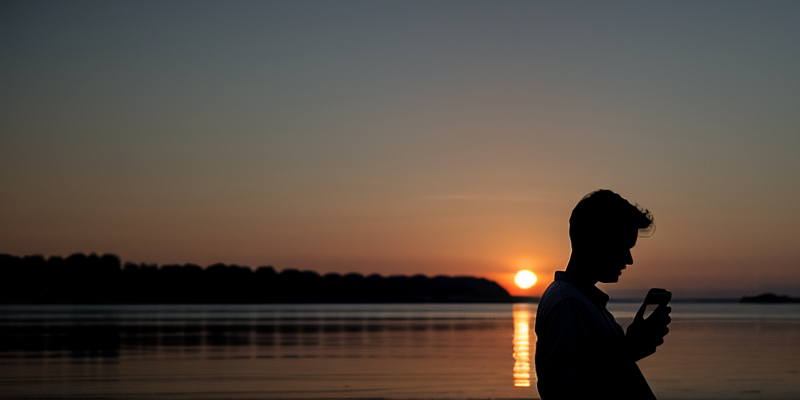 Silhouette of person on phone against sunset, dreamy atmosphere