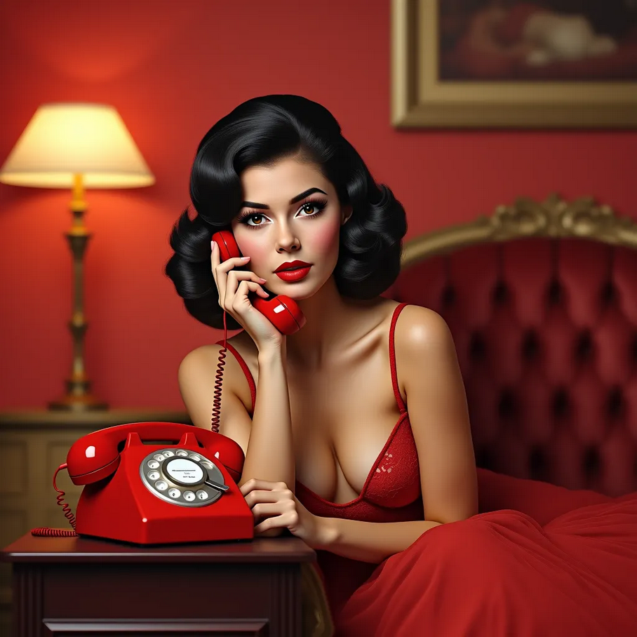 Elegant boudoir with red telephone, vintage style, 1960s